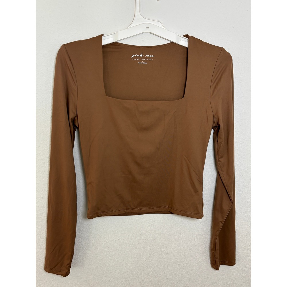 Pink Rose Luxe Contour Brown Square Neck Long Sleeve Top Large